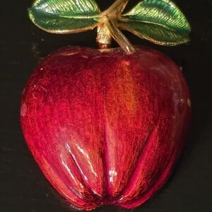 Red Apple Brooch with Green Leaves